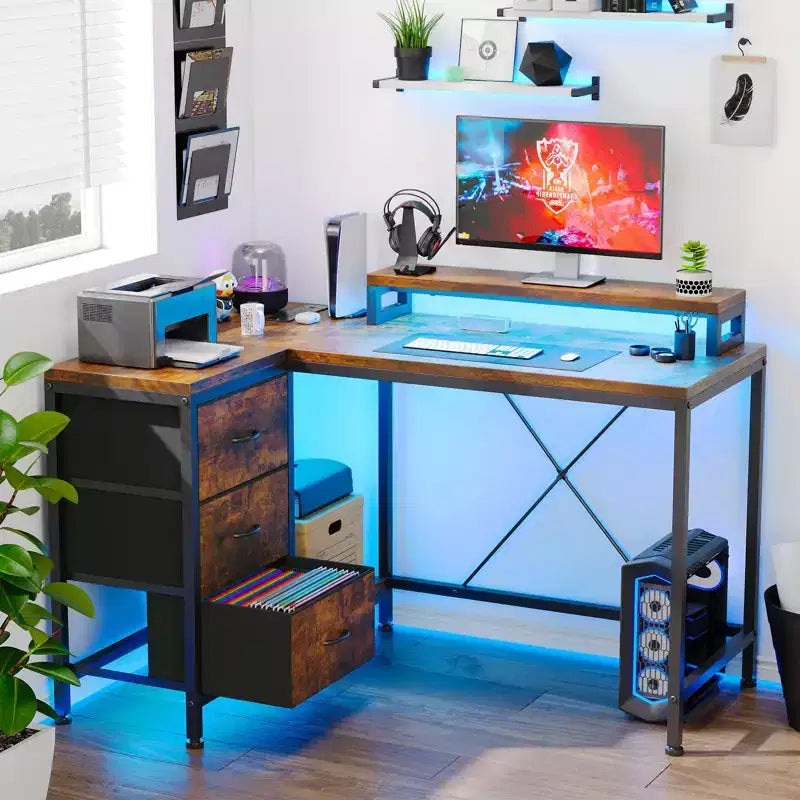 L Shaped Desk with Power Outlets & Led Lights, Computer Desk with Drawers & Shelves, Corner Desk Gaming Desk Home Office Desk, Oak