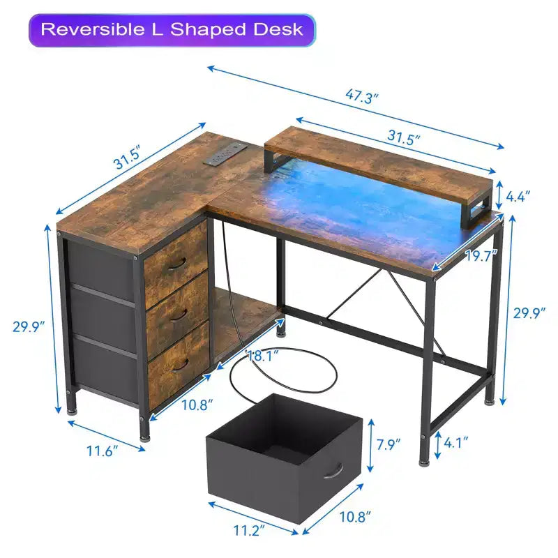 L Shaped Desk with Power Outlets & Led Lights, Computer Desk with Drawers & Shelves, Corner Desk Gaming Desk Home Office Desk, Oak