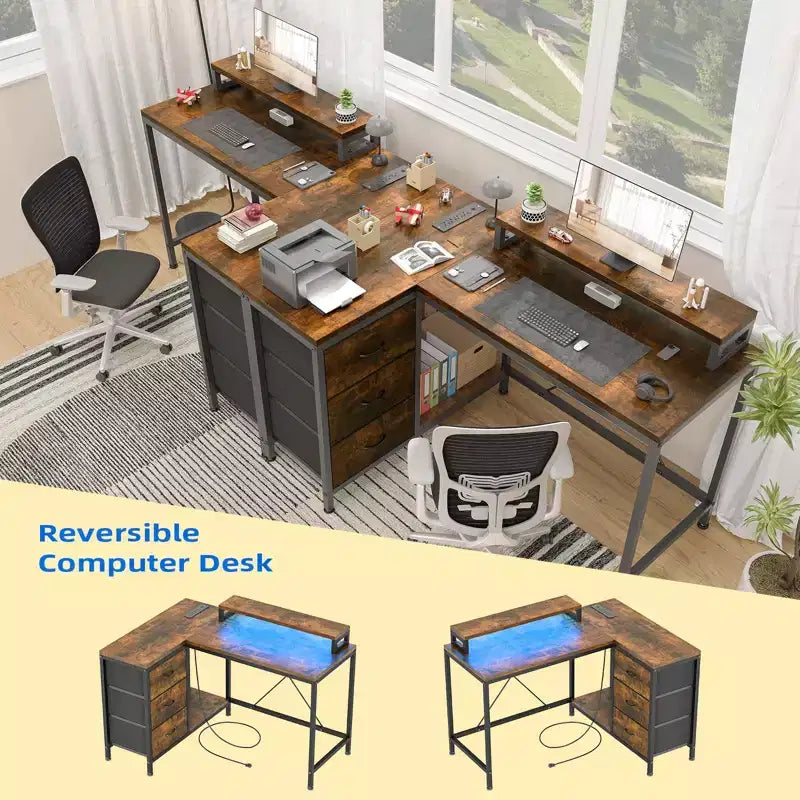 L Shaped Desk with Power Outlets & Led Lights, Computer Desk with Drawers & Shelves, Corner Desk Gaming Desk Home Office Desk, Oak