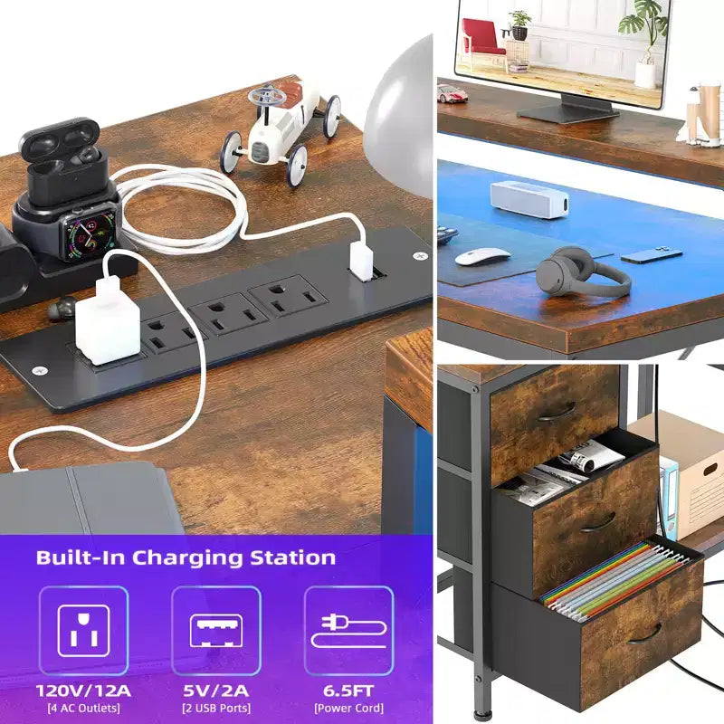 L Shaped Desk with Power Outlets & Led Lights, Computer Desk with Drawers & Shelves, Corner Desk Gaming Desk Home Office Desk, Oak
