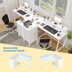 L Shaped Desk with Power Outlets & Led Lights, Computer Desk with Drawers & Shelves, Corner Desk Gaming Desk Home Office Desk, Oak