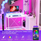 L Shaped Desk with Power Outlets & Led Lights, Computer Desk with Drawers & Shelves, Corner Desk Gaming Desk Home Office Desk, Oak