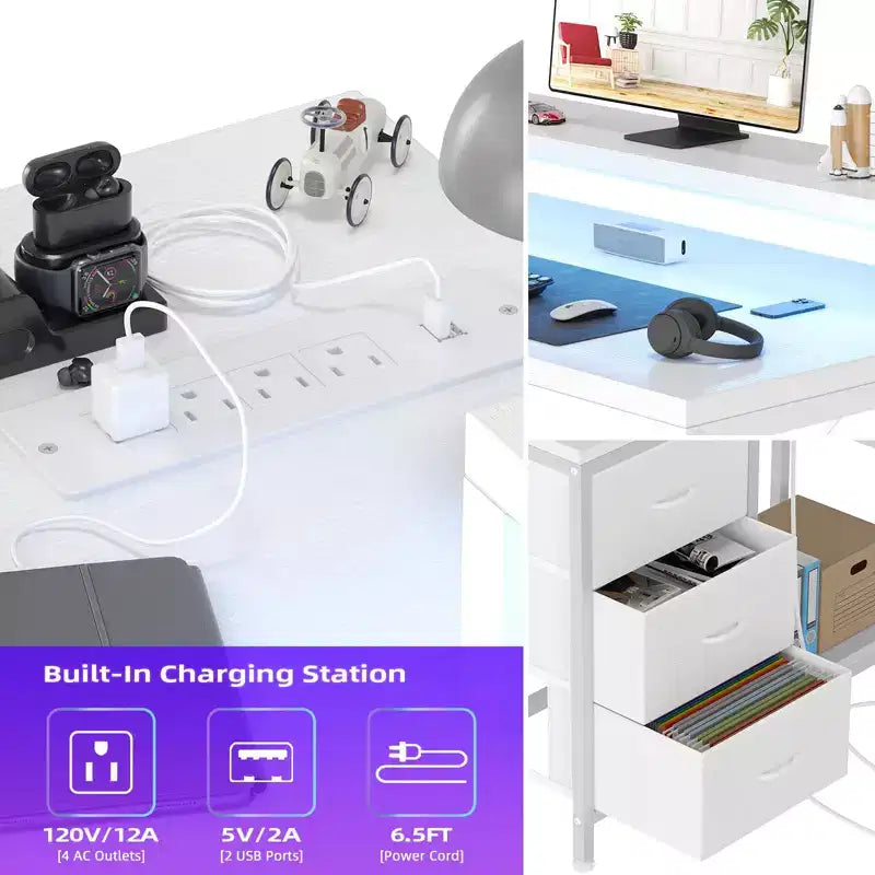 L Shaped Desk with Power Outlets & Led Lights, Computer Desk with Drawers & Shelves, Corner Desk Gaming Desk Home Office Desk, Oak
