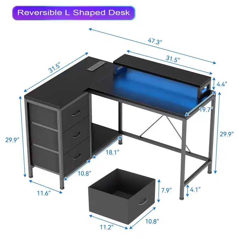 L Shaped Desk with Power Outlets & Led Lights, Computer Desk with Drawers & Shelves, Corner Desk Gaming Desk Home Office Desk, Oak