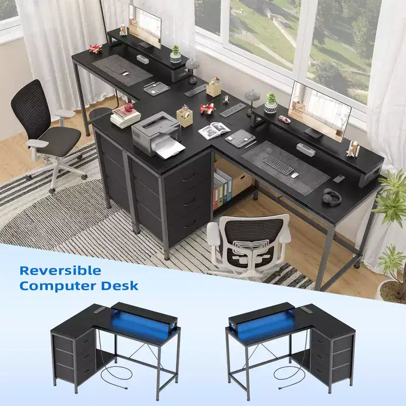 L Shaped Desk with Power Outlets & Led Lights, Computer Desk with Drawers & Shelves, Corner Desk Gaming Desk Home Office Desk, Oak