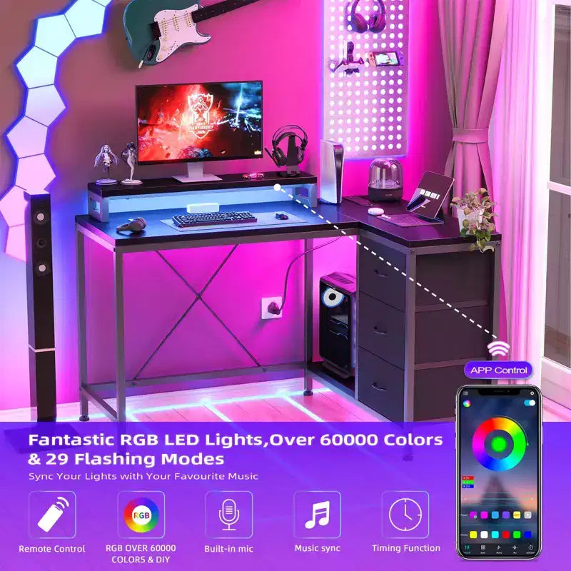 L Shaped Desk with Power Outlets & Led Lights, Computer Desk with Drawers & Shelves, Corner Desk Gaming Desk Home Office Desk, Oak