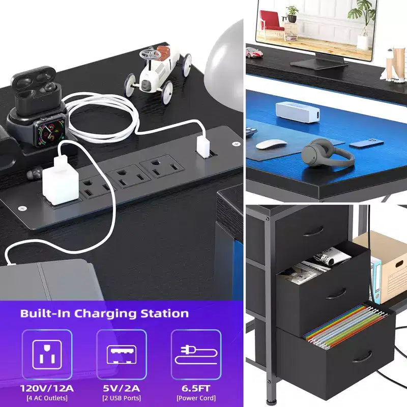 L Shaped Desk with Power Outlets & Led Lights, Computer Desk with Drawers & Shelves, Corner Desk Gaming Desk Home Office Desk, Oak