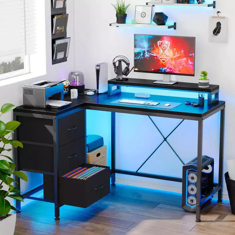 L Shaped Desk with Power Outlets & Led Lights, Computer Desk with Drawers & Shelves, Corner Desk Gaming Desk Home Office Desk, Oak