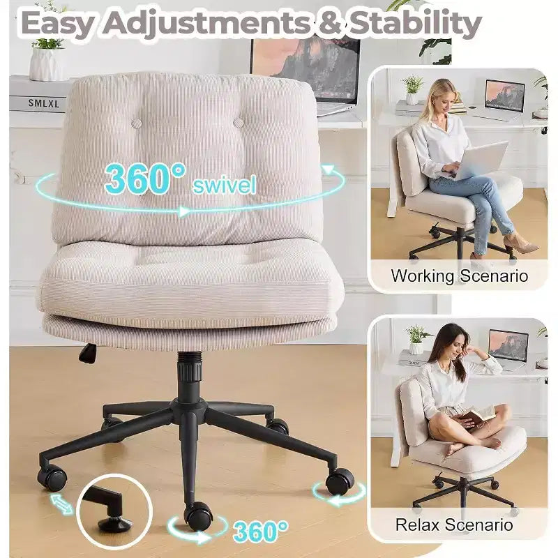 VINGLI Criss Cross Cloud Seat,Comfy Corduroy Cross Legged Office Desk Chair with/no Wheels,Modern Swivel Perch Light Khaki