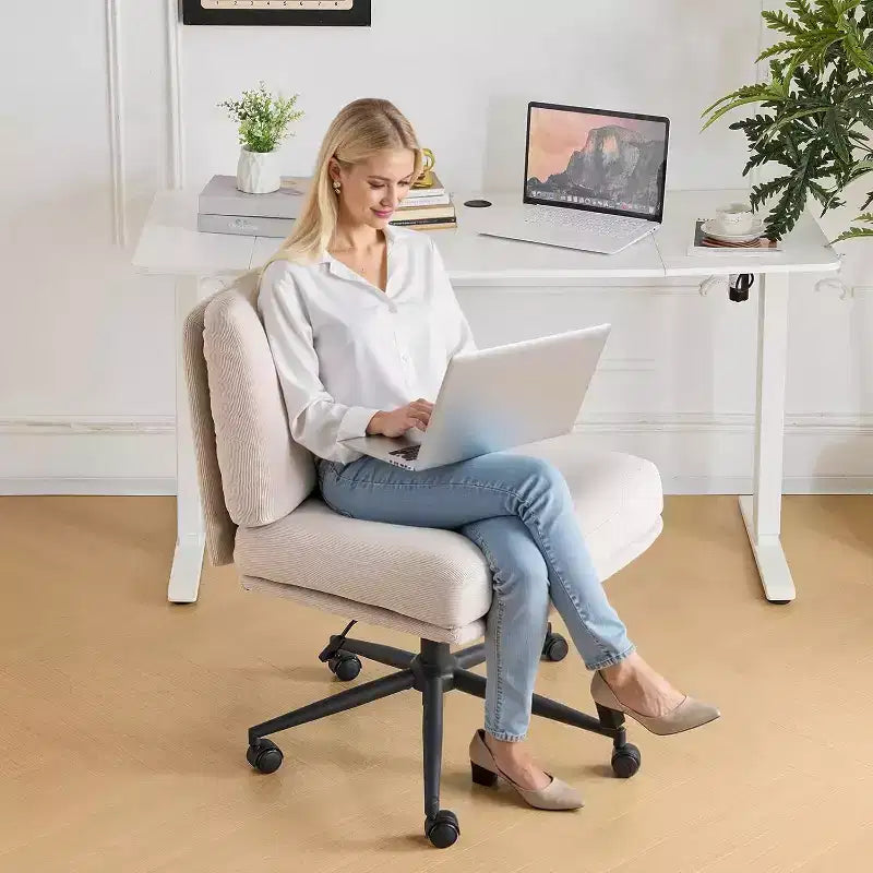 VINGLI Criss Cross Cloud Seat,Comfy Corduroy Cross Legged Office Desk Chair with/no Wheels,Modern Swivel Perch Light Khaki