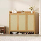 Rattan Shoe Storage Cabinet, Wooden Shoe Rack Organizer Cabinet with 3 Doors and Adjustable Shelves for Entryway Living Room Hallway, Dark Oak
