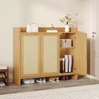 Meuble à chaussures en rotin, meuble de rangement pour chaussures en bois avec 3 portes et étagères réglables pour entrée, salon, couloir, chêne foncé