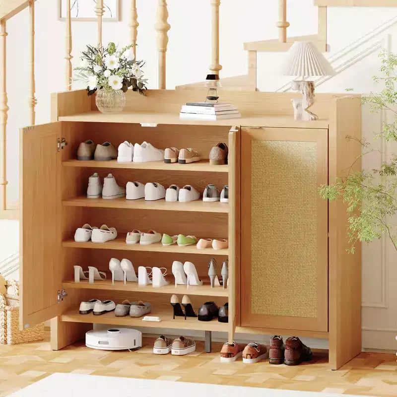 Meuble à chaussures en rotin, meuble de rangement pour chaussures en bois avec 3 portes et étagères réglables pour entrée, salon, couloir, chêne foncé