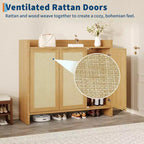 Meuble à chaussures en rotin, meuble de rangement pour chaussures en bois avec 3 portes et étagères réglables pour entrée, salon, couloir, chêne foncé