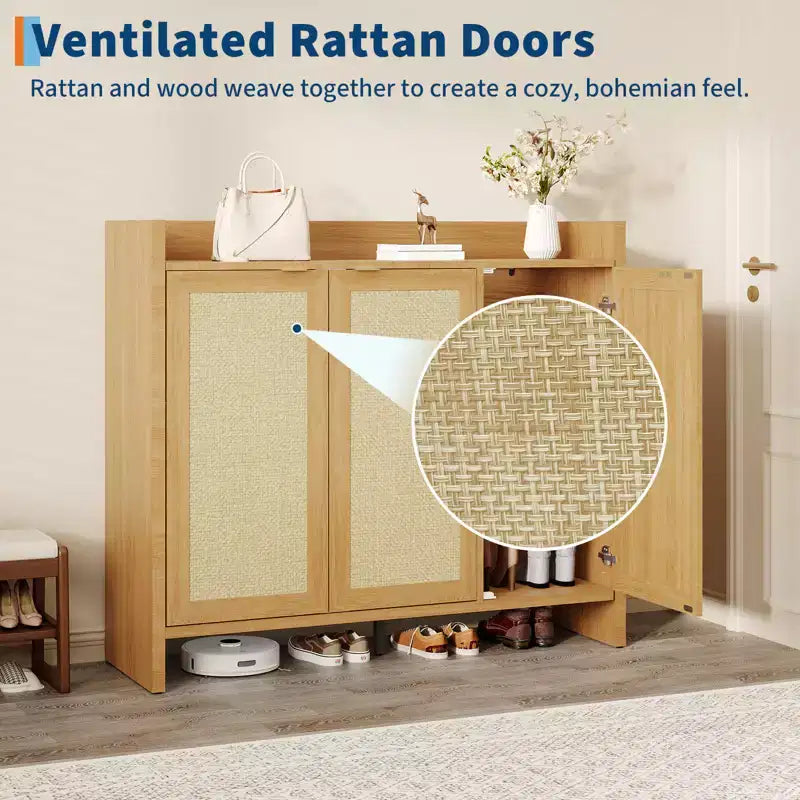 Meuble à chaussures en rotin, meuble de rangement pour chaussures en bois avec 3 portes et étagères réglables pour entrée, salon, couloir, chêne foncé