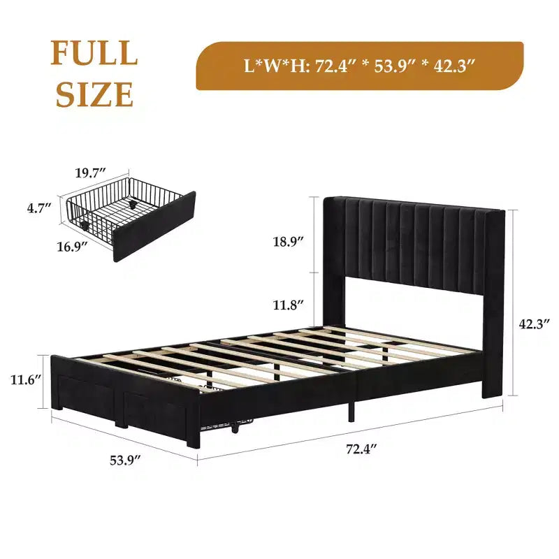 Velvet Upholstered Storage Bed Frame With 2 Footboard Drawers, Vertical Channel Headboard, No Box Spring Required