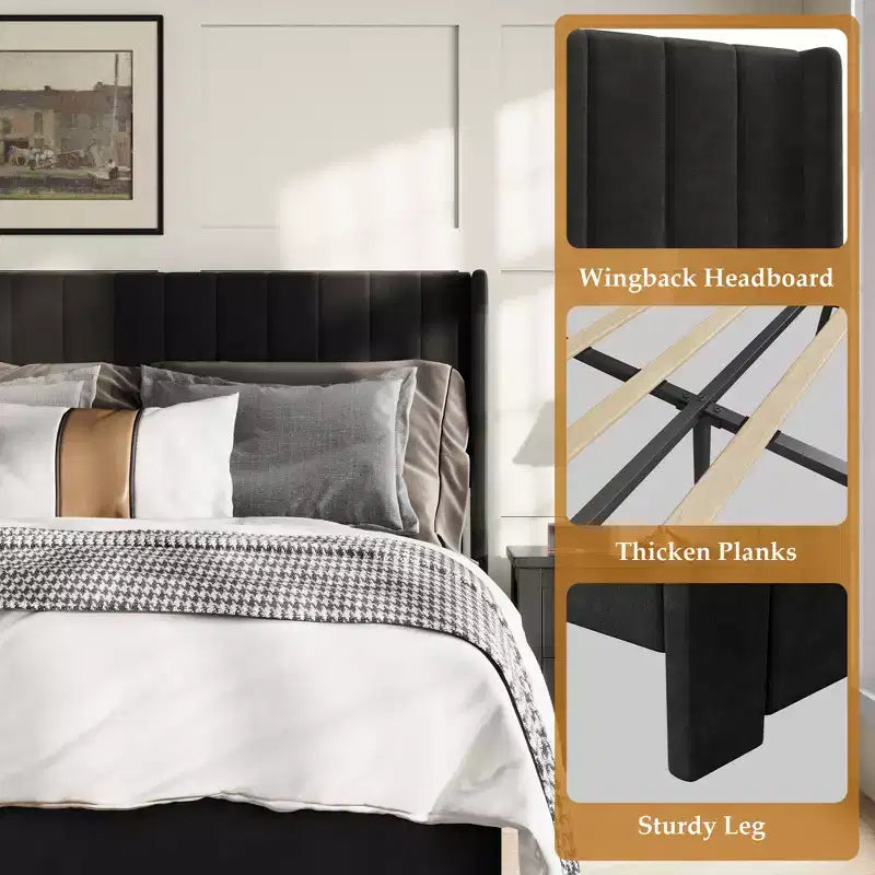 Velvet Upholstered Storage Bed Frame With 2 Footboard Drawers, Vertical Channel Headboard, No Box Spring Required