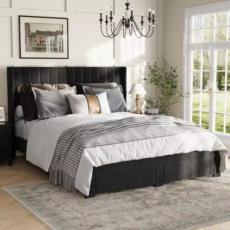 Velvet Upholstered Storage Bed Frame With 2 Footboard Drawers, Vertical Channel Headboard, No Box Spring Required
