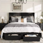 Velvet Upholstered Storage Bed Frame With 2 Footboard Drawers, Vertical Channel Headboard, No Box Spring Required