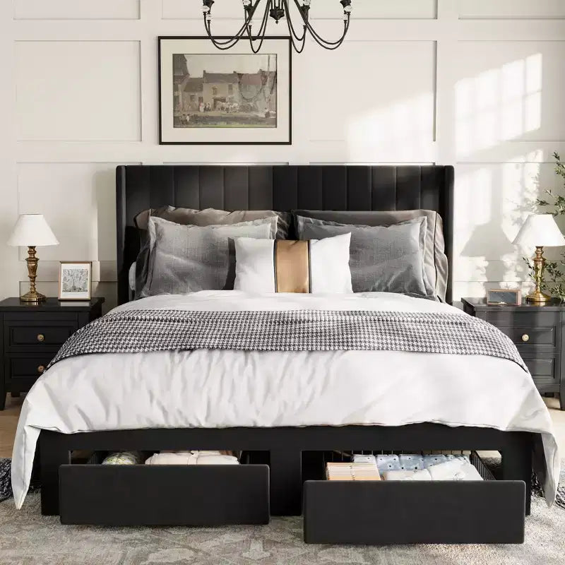 Velvet Upholstered Storage Bed Frame With 2 Footboard Drawers, Vertical Channel Headboard, No Box Spring Required