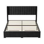 Velvet Upholstered Storage Bed Frame With 2 Footboard Drawers, Vertical Channel Headboard, No Box Spring Required
