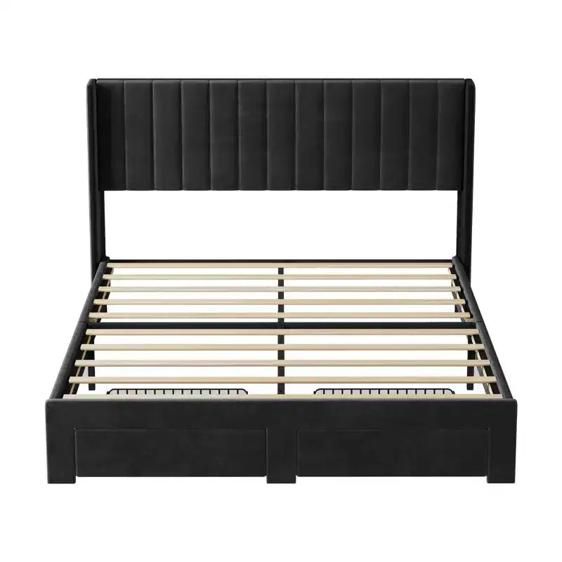 Velvet Upholstered Storage Bed Frame With 2 Footboard Drawers, Vertical Channel Headboard, No Box Spring Required