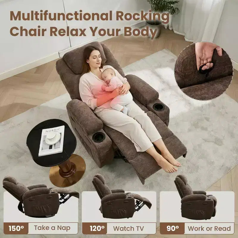 Fauteuil inclinable, fauteuil inclinable à bascule pivotant à 360° pour adultes avec massage et chaleur, fauteuils à bascule électriques pour salon, chambre de bébé