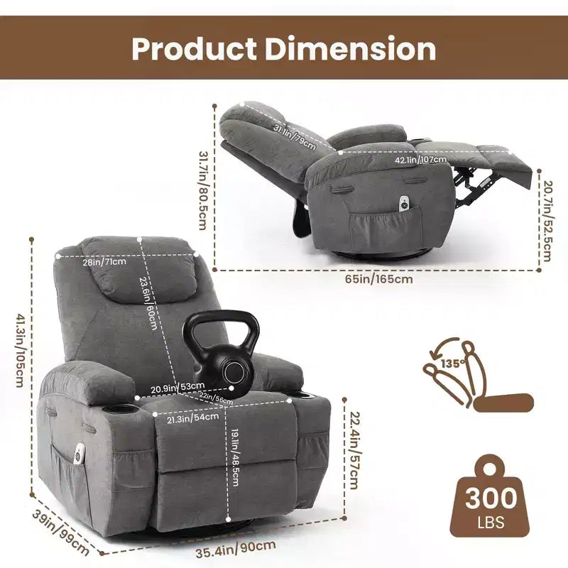 Fauteuil inclinable, fauteuil inclinable à bascule pivotant à 360° pour adultes avec massage et chaleur, fauteuils à bascule électriques pour salon, chambre de bébé