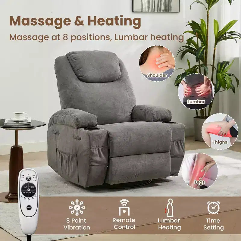 Fauteuil inclinable, fauteuil inclinable à bascule pivotant à 360° pour adultes avec massage et chaleur, fauteuils à bascule électriques pour salon, chambre de bébé