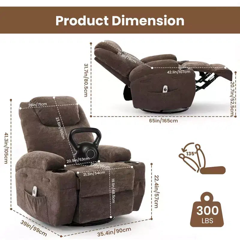 Fauteuil inclinable, fauteuil inclinable à bascule pivotant à 360° pour adultes avec massage et chaleur, fauteuils à bascule électriques pour salon, chambre de bébé
