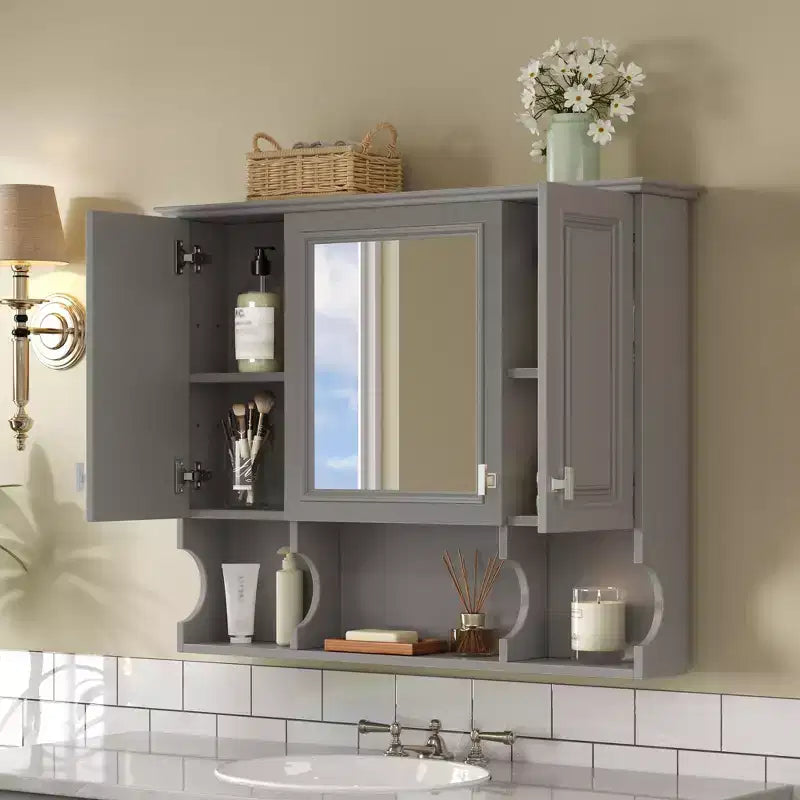 CASAINC 35 x 28 Wall Mounted Mirror Medicine Cabinet with Open Shelves, Modern Bathroom Storage Cabinet