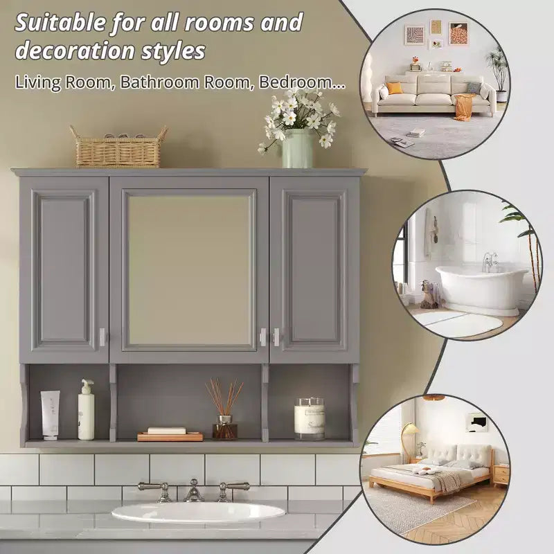 CASAINC 35 x 28 Wall Mounted Mirror Medicine Cabinet with Open Shelves, Modern Bathroom Storage Cabinet