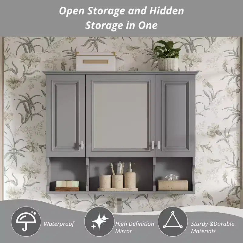 CASAINC 35 x 28 Wall Mounted Mirror Medicine Cabinet with Open Shelves, Modern Bathroom Storage Cabinet