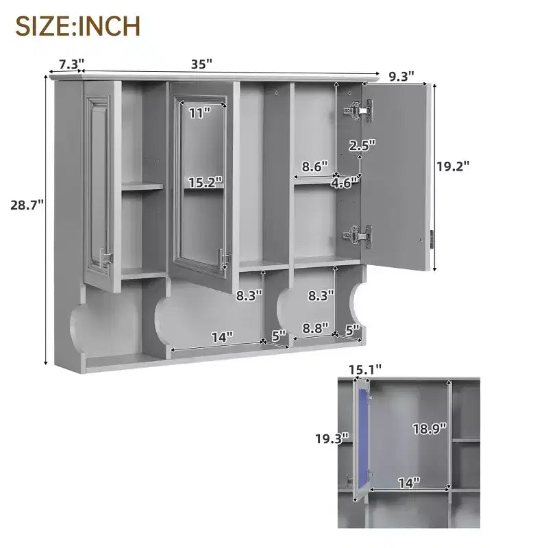 CASAINC 35 x 28 Wall Mounted Mirror Medicine Cabinet with Open Shelves, Modern Bathroom Storage Cabinet