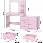 61 Vanity Desk with Mirror & Lights, White Makeup Dressing Table with 8 Drawers & 2 Shelves, 3 Lighting Modes with Adjustable Brightness