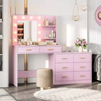 61 Vanity Desk with Mirror & Lights, White Makeup Dressing Table with 8 Drawers & 2 Shelves, 3 Lighting Modes with Adjustable Brightness