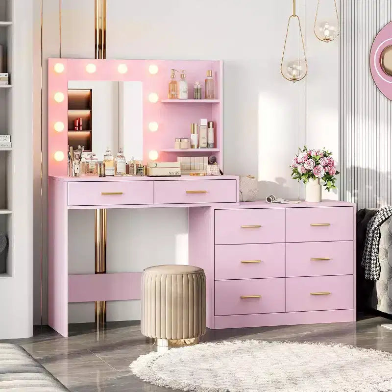 61 Vanity Desk with Mirror & Lights, White Makeup Dressing Table with 8 Drawers & 2 Shelves, 3 Lighting Modes with Adjustable Brightness
