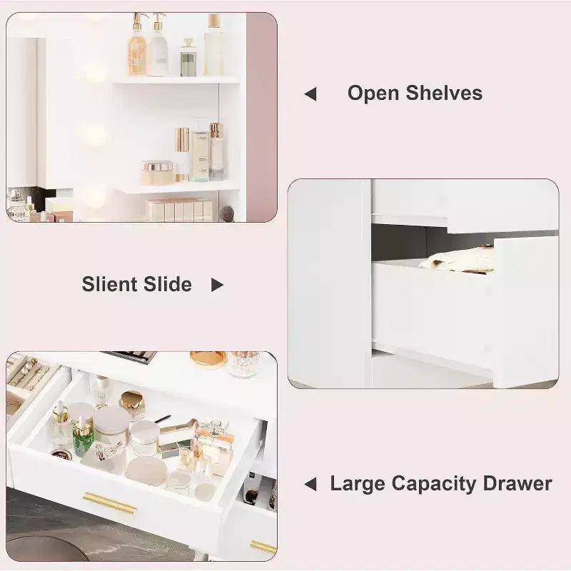61 Vanity Desk with Mirror & Lights, White Makeup Dressing Table with 8 Drawers & 2 Shelves, 3 Lighting Modes with Adjustable Brightness