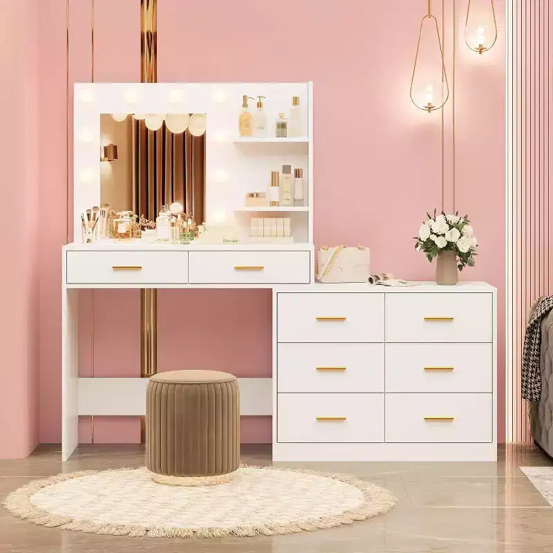 61 Vanity Desk with Mirror & Lights, White Makeup Dressing Table with 8 Drawers & 2 Shelves, 3 Lighting Modes with Adjustable Brightness