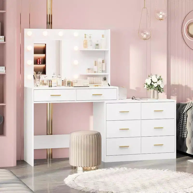 61 Vanity Desk with Mirror & Lights, White Makeup Dressing Table with 8 Drawers & 2 Shelves, 3 Lighting Modes with Adjustable Brightness