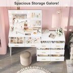 61 Vanity Desk with Mirror & Lights, White Makeup Dressing Table with 8 Drawers & 2 Shelves, 3 Lighting Modes with Adjustable Brightness