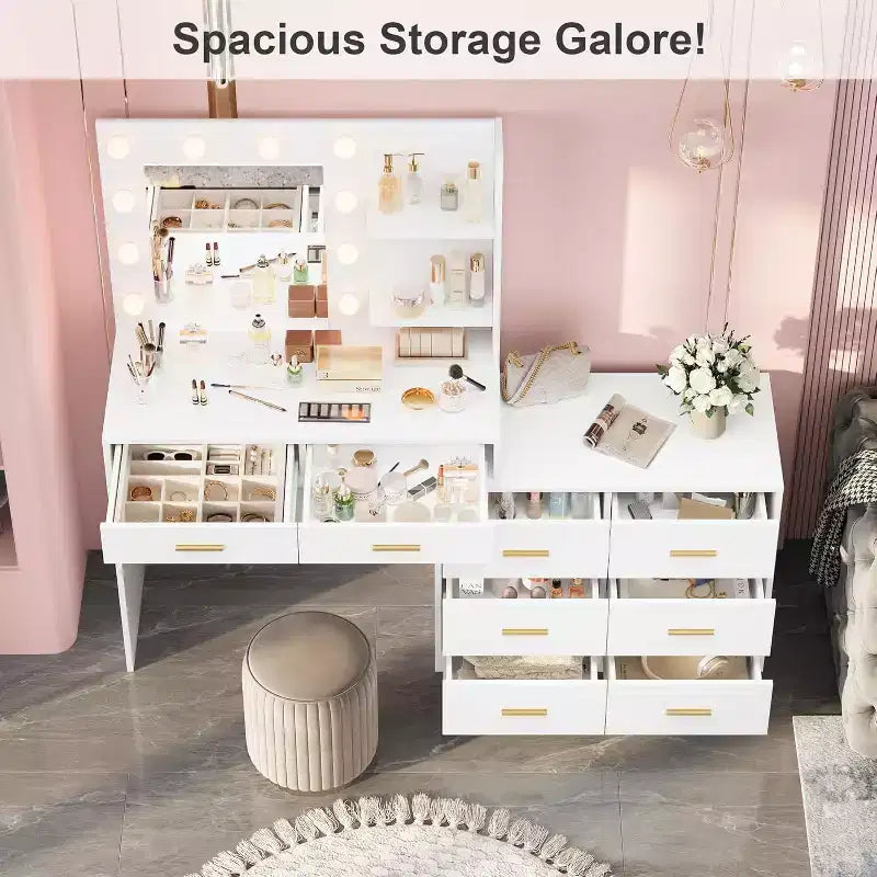 61 Vanity Desk with Mirror & Lights, White Makeup Dressing Table with 8 Drawers & 2 Shelves, 3 Lighting Modes with Adjustable Brightness