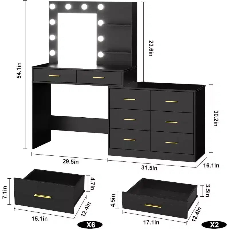 61 Vanity Desk with Mirror & Lights, White Makeup Dressing Table with 8 Drawers & 2 Shelves, 3 Lighting Modes with Adjustable Brightness