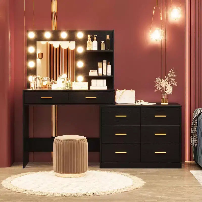 61 Vanity Desk with Mirror & Lights, White Makeup Dressing Table with 8 Drawers & 2 Shelves, 3 Lighting Modes with Adjustable Brightness