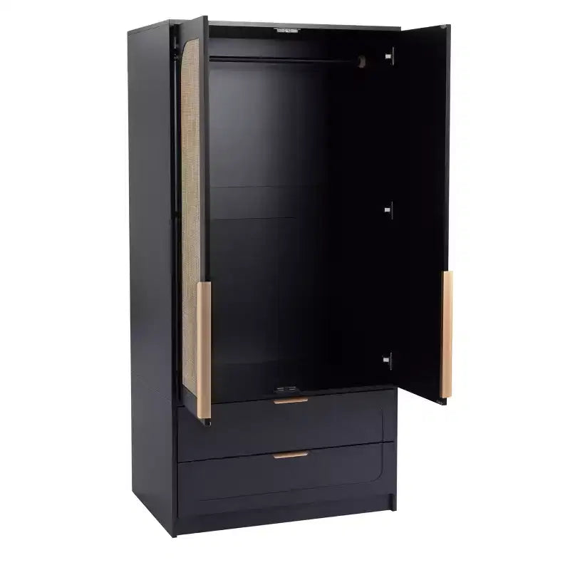 AEELLEEA 65 Black 2-Door Armoire Wardrobe with 2 Drawers: Rattan Accent & Magnetic Lock