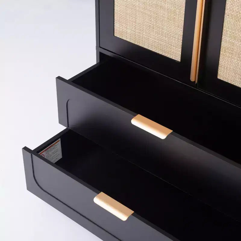 AEELLEEA 65 Black 2-Door Armoire Wardrobe with 2 Drawers: Rattan Accent & Magnetic Lock