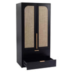AEELLEEA 65 Black 2-Door Armoire Wardrobe with 2 Drawers: Rattan Accent & Magnetic Lock