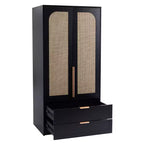 AEELLEEA 65 Black 2-Door Armoire Wardrobe with 2 Drawers: Rattan Accent & Magnetic Lock