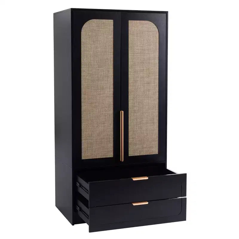 AEELLEEA 65 Black 2-Door Armoire Wardrobe with 2 Drawers: Rattan Accent & Magnetic Lock