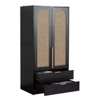AEELLEEA 65 Black 2-Door Armoire Wardrobe with 2 Drawers: Rattan Accent & Magnetic Lock